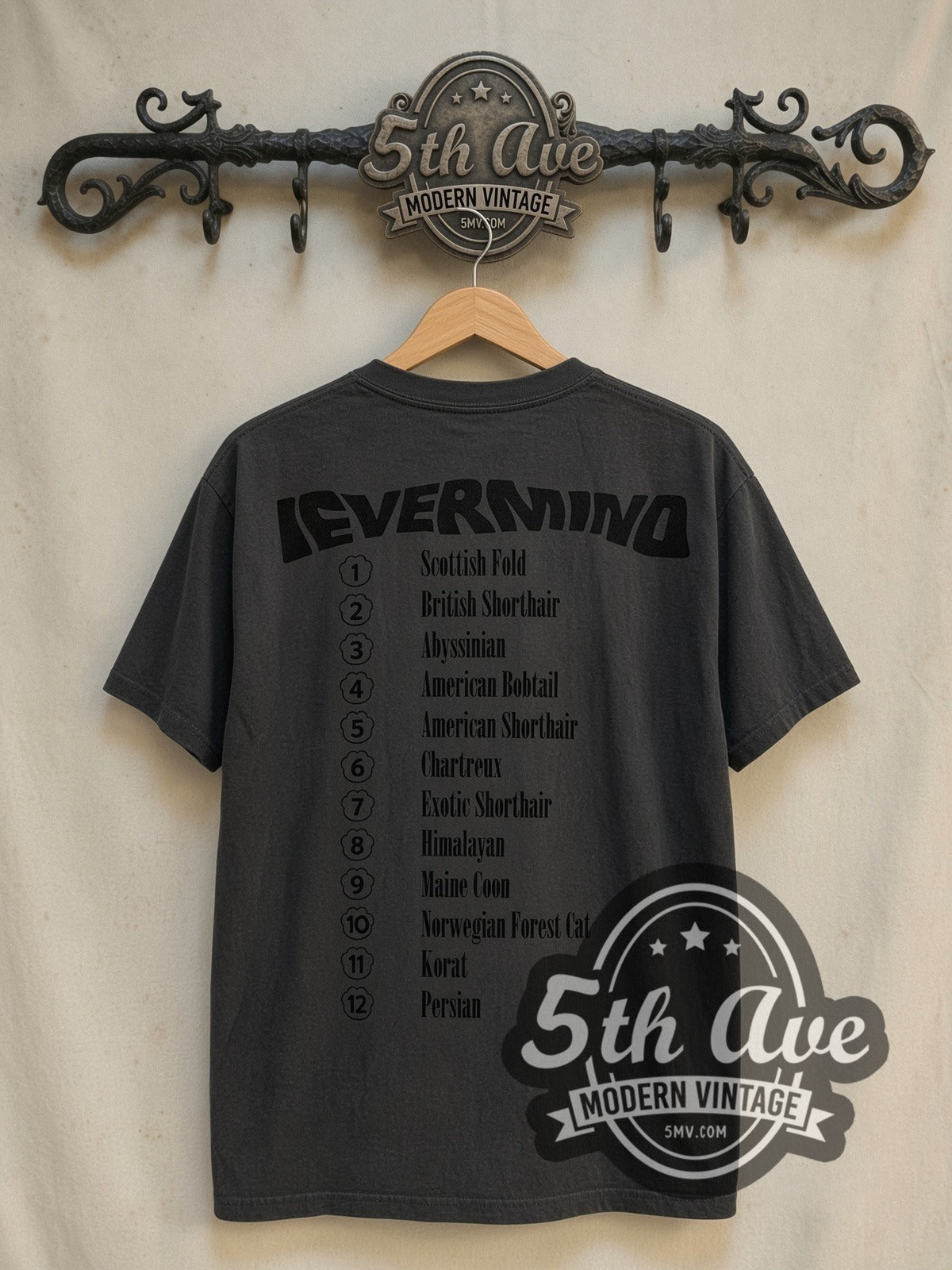 Nirvana Nevermind Kitten Parody Cat Breeds vintage band t-shirt in black, back view on the 5MV rack