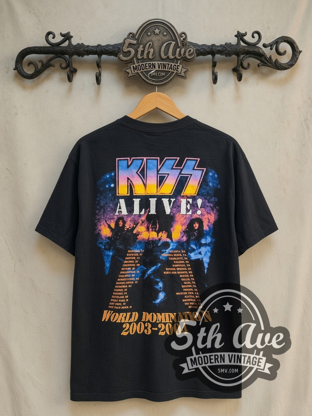 KISS World Domination 2003-2004 Tour \m/KIϟϟ\m/ vintage band t-shirt in black, back view on the 5MV rack