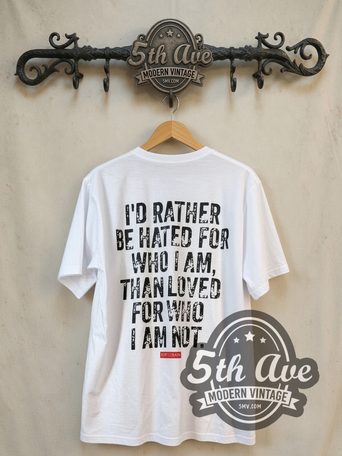 Kurt Cobain Iconic Quote vintage band t-shirt, back view on the 5MV rack