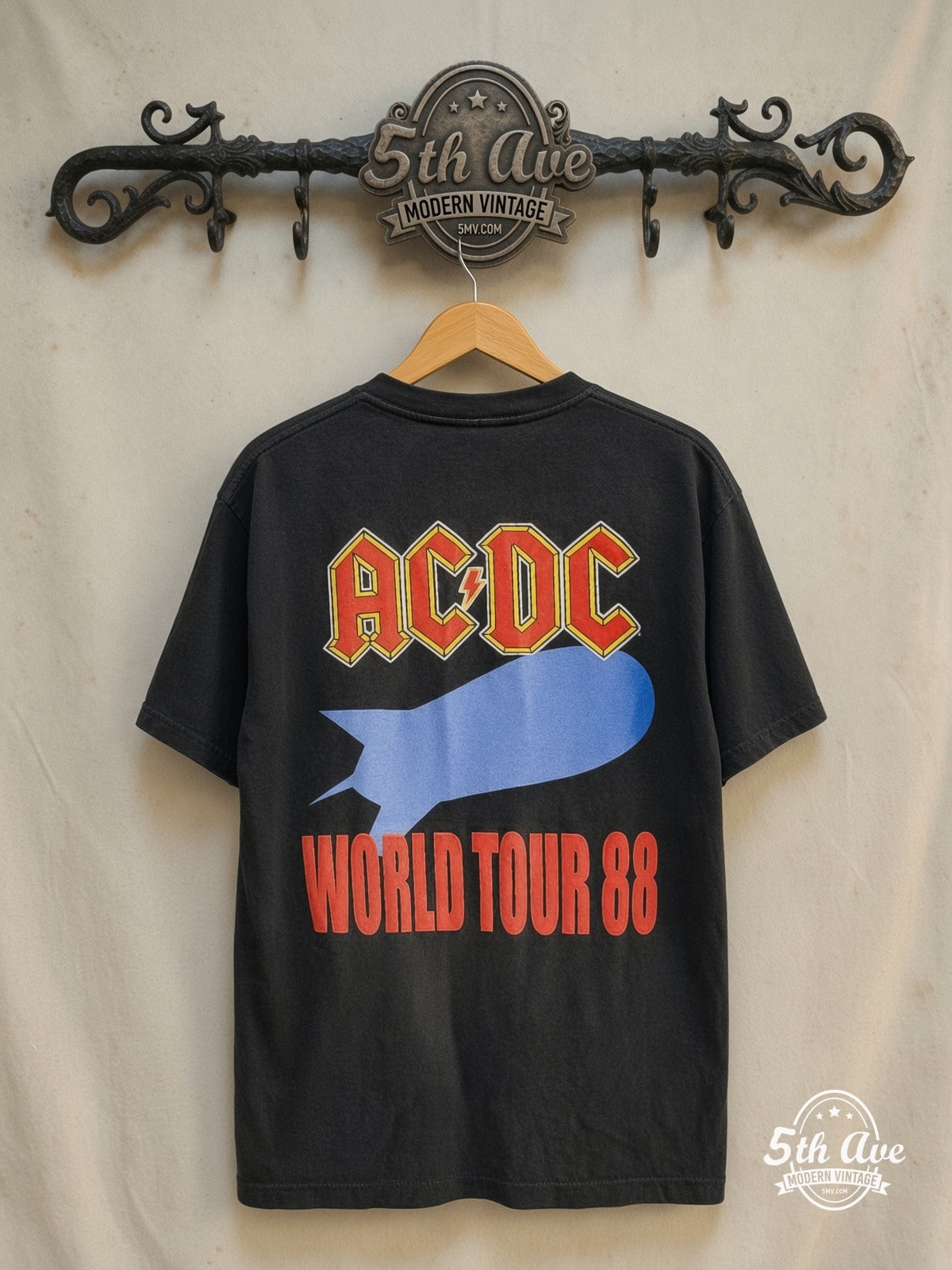 AC/DC – Blow Up Your Video Red Rocket Blimp – Vintage Band T-Shirt — back on locked cream ornate 5th Ave rack