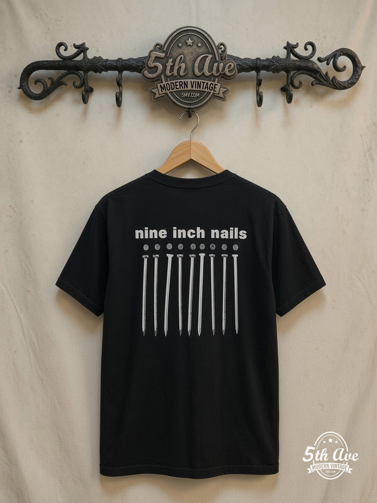Nine Inch Nails – Vintage Band T-Shirt — back on locked cream ornate 5th Ave rack