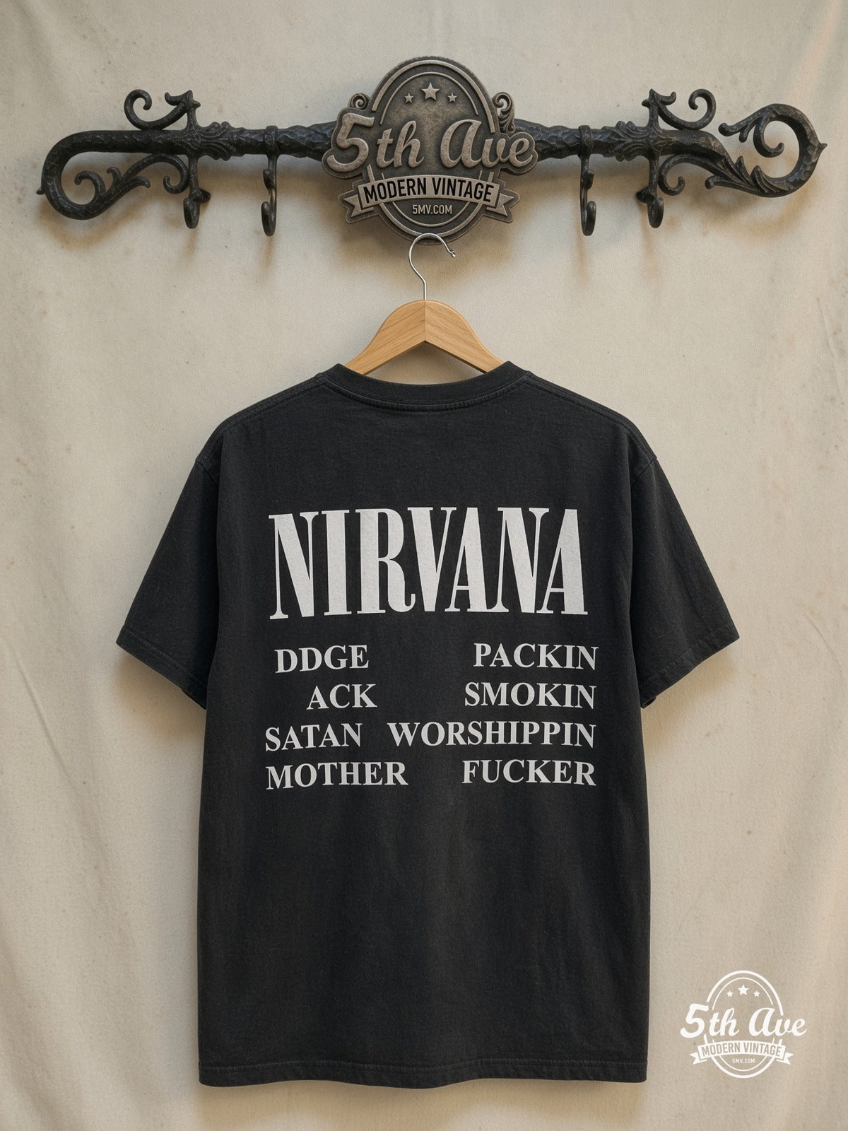 Nirvana – Incesticide' [Fudge Packin, Crack Smokin, Satan Worshippin, Motherfuck – Vintage Band T-Shirt — back on locked cream ornate 5th Ave rack