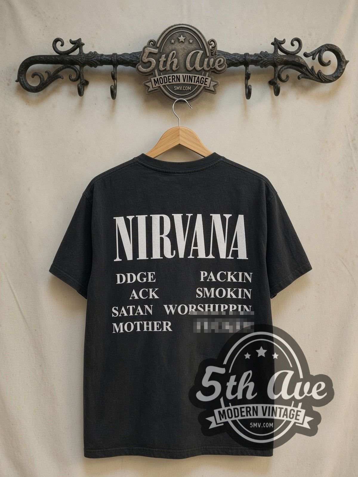 Nirvana Incesticide Fudge Packin, Crack Smokin, Satan Worshippin vintage band t-shirt in black, back view on the 5MV rack