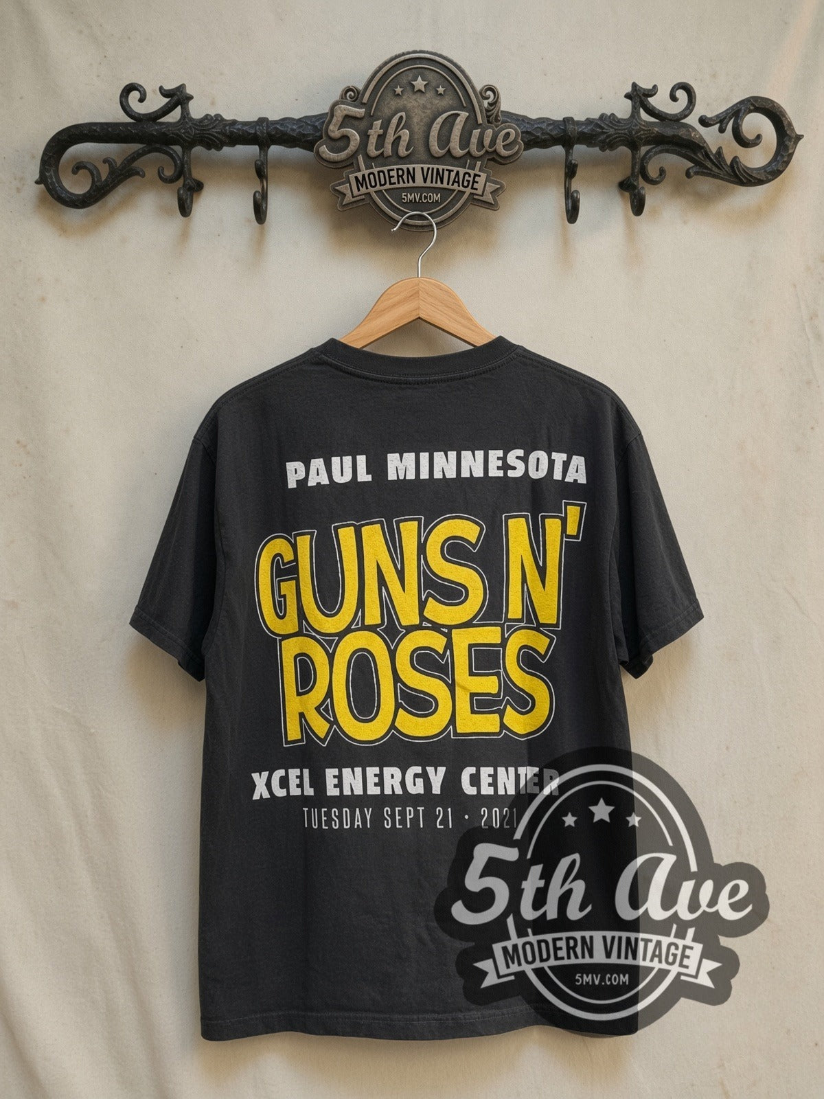 Peanuts Guns N' Roses x Snoopy WE'RE F'N BACK! vintage cartoon tee in black, back view on the 5MV rack