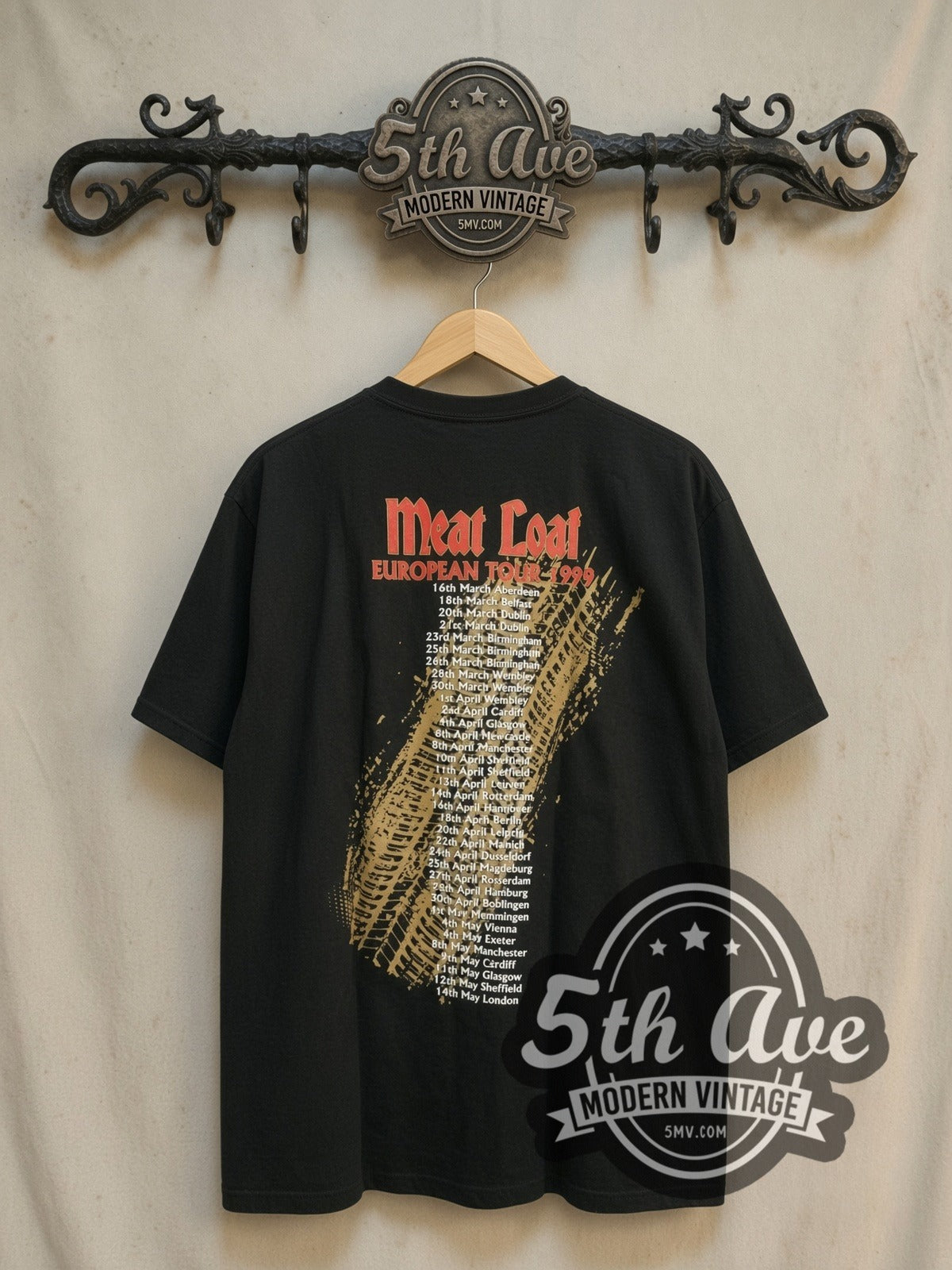 Meat Loaf European Tour 1999 vintage band t-shirt, back view on a display rack