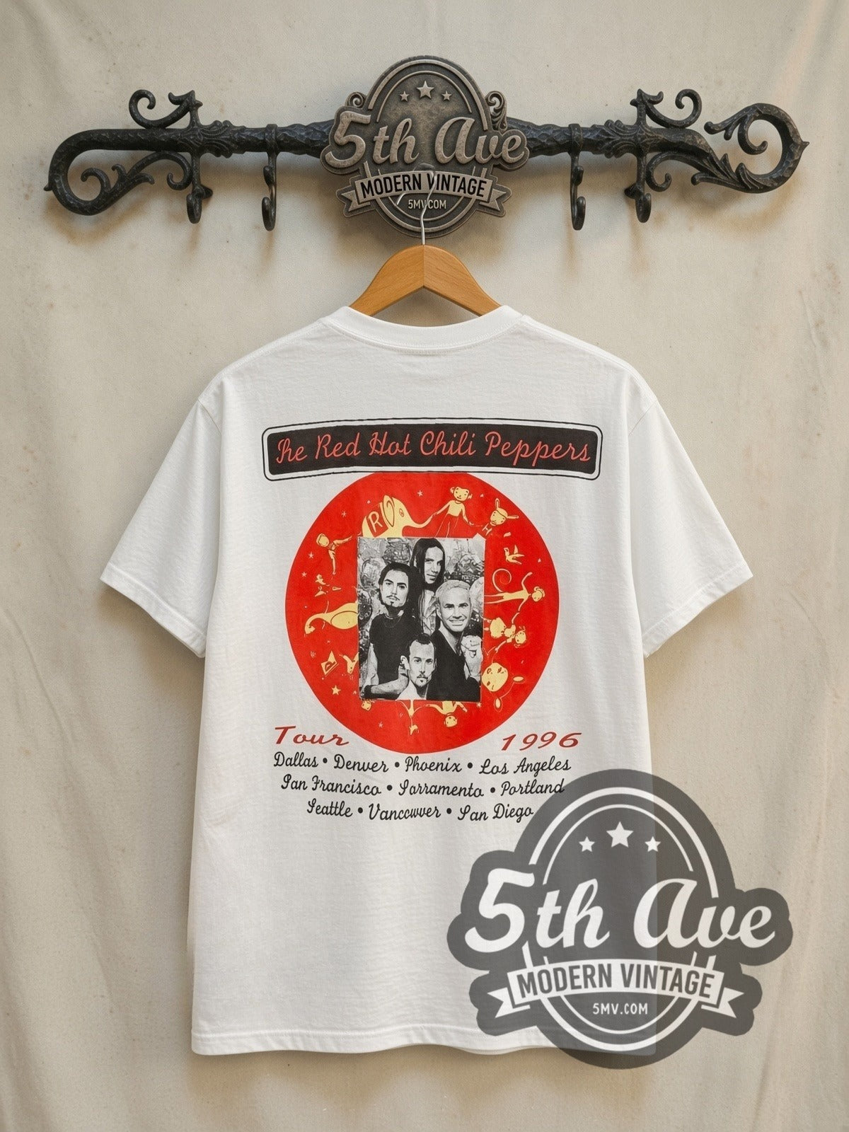 Red Hot Chili Peppers One Hot Minute Tour 1996 vintage band t-shirt in white, back view on the 5MV rack