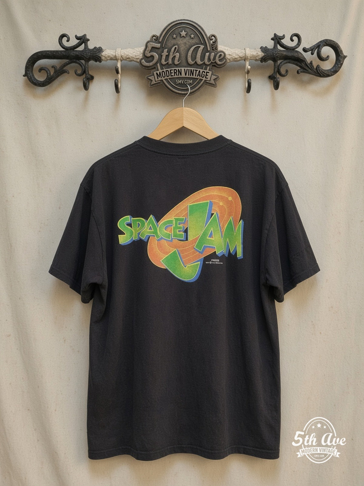Looney Tunes – Space Jam – All Over Print – New Vintage Graphic Tee — back on locked cream ornate 5th Ave rack