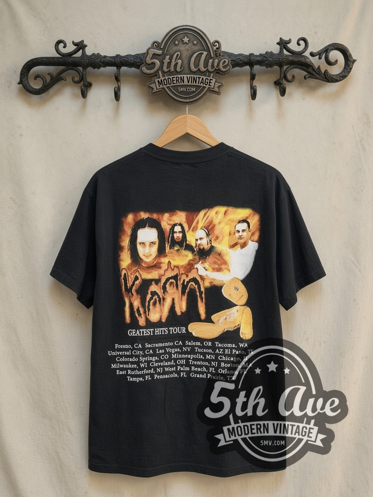 Korn Untouchables vintage band t-shirt in black, back view on a display rack