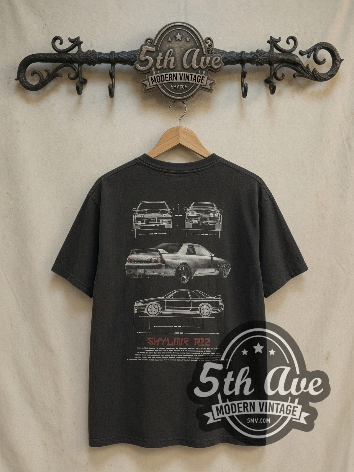 Nissan Skyline R32 vintage graphic t-shirt, back view on a display rack