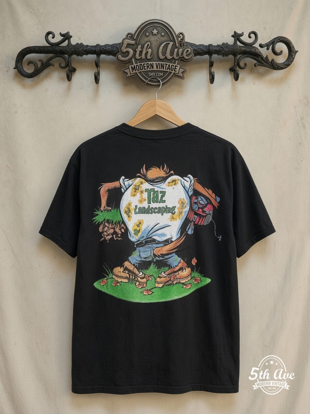Looney Tunes – Taz-Mania Landscaping – New Vintage Graphic Tee — back on locked cream ornate 5th Ave rack