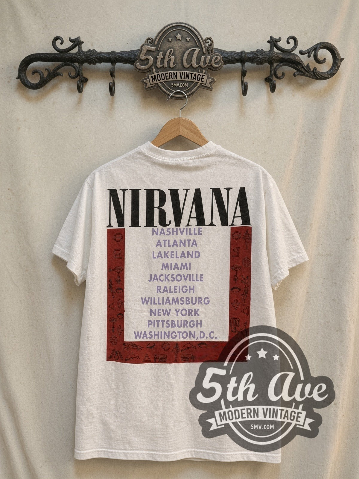 Nirvana In Utero Tour 1993 vintage band t-shirt in white, back view on the 5MV rack