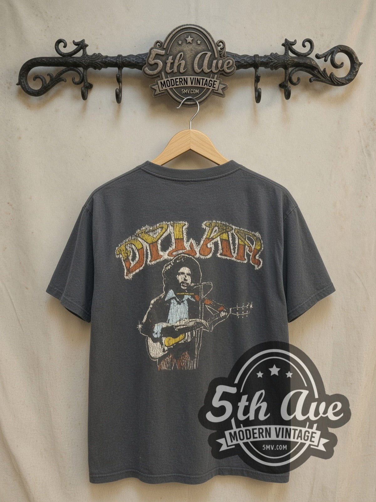 Bob Dylan vintage band t-shirt, back view on a display rack