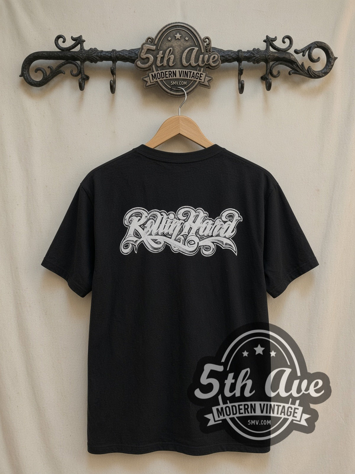 Crazy Rollin Hard Lowrider vintage graphic tee, back view on a display rack