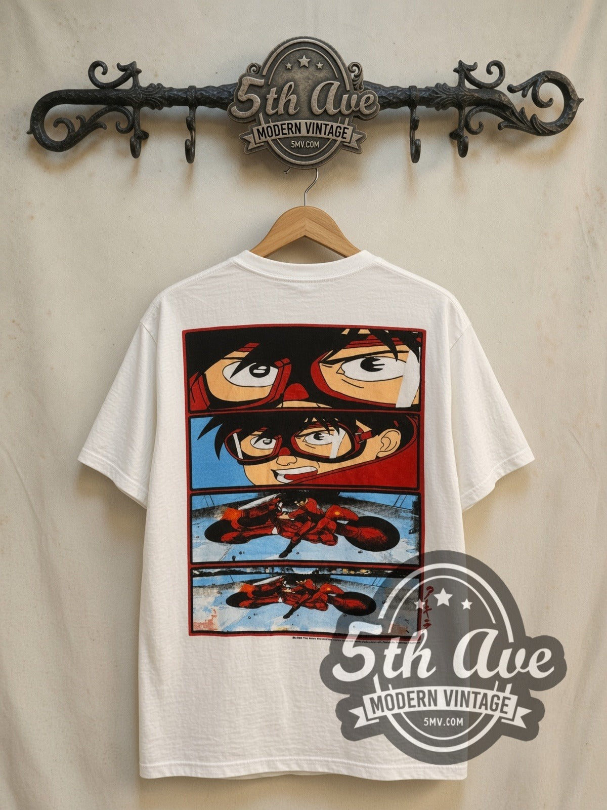 Akira Kaneda Bike vintage graphic t-shirt, back view on a display rack