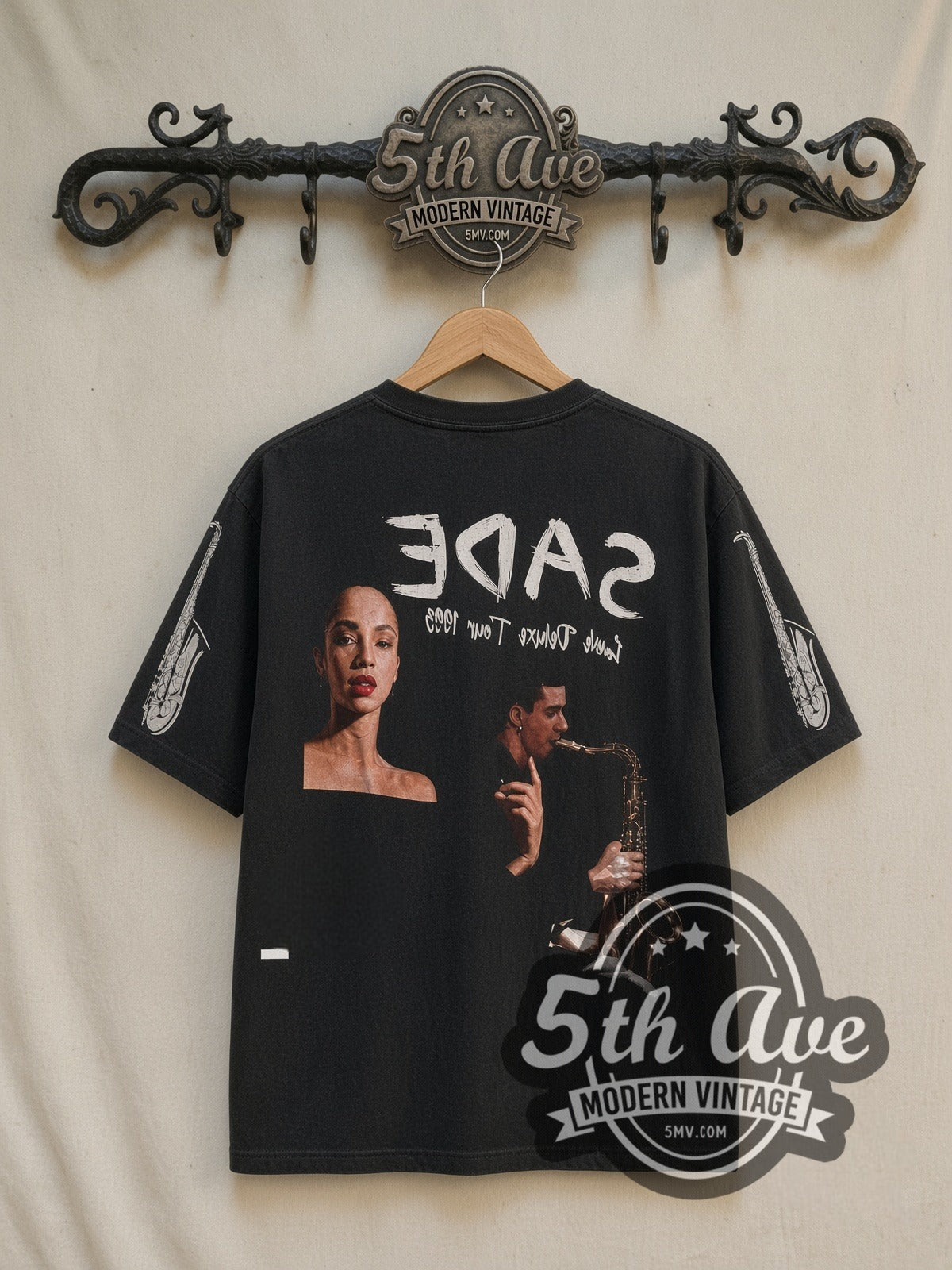 Sade Love Deluxe Tour 1993 Long Sleeve vintage band t-shirt in black, back view on a display rack