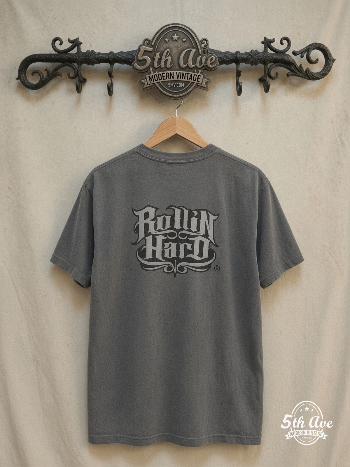 Slick Five - Rollin hard lowrider low rider car culture t shirt – Vintage Band T-Shirt — back on locked cream ornate 5th Ave rack
