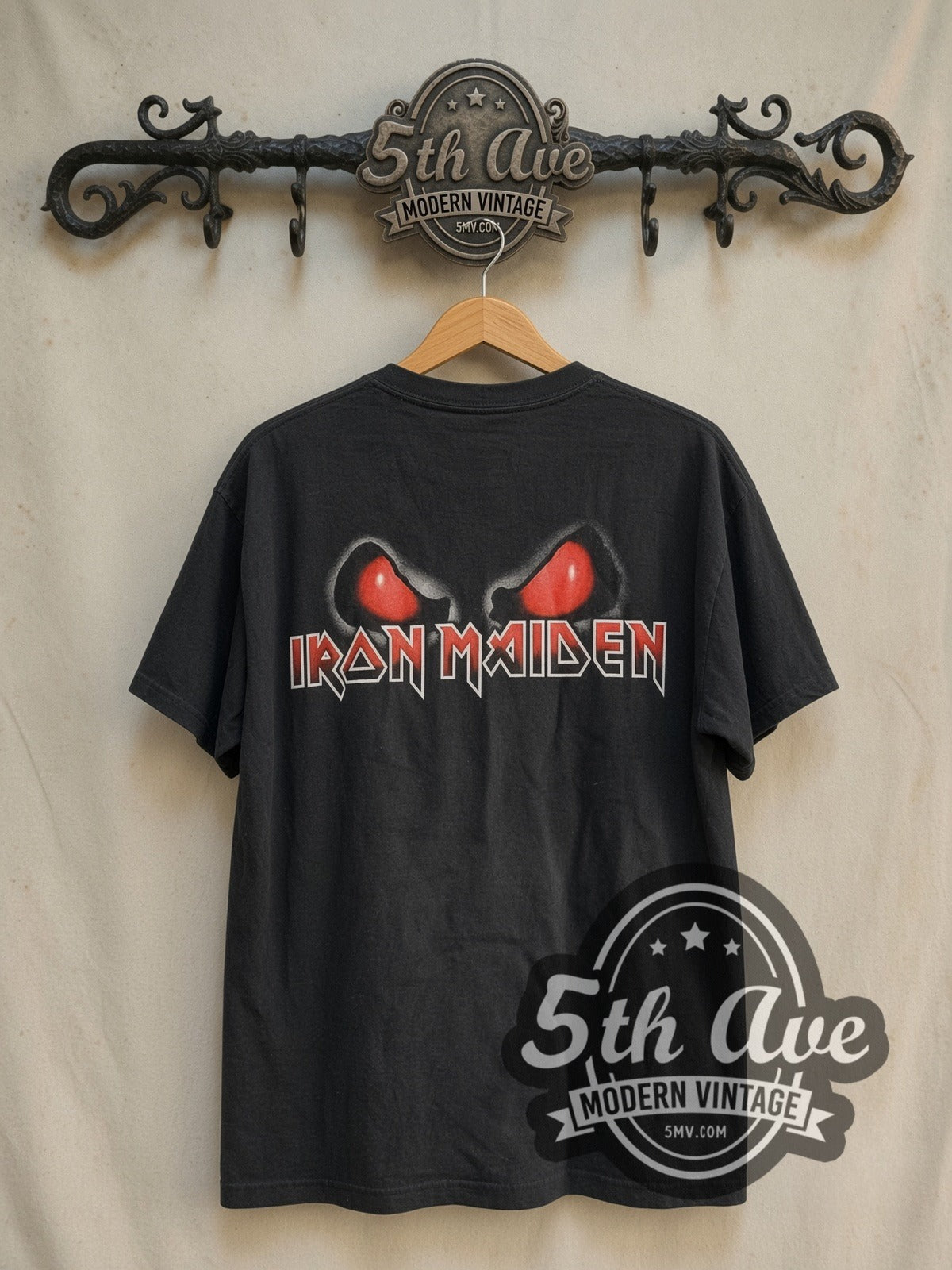 Iron Maiden Somewhere Back in Time vintage band t-shirt in black, back view on the 5MV rack
