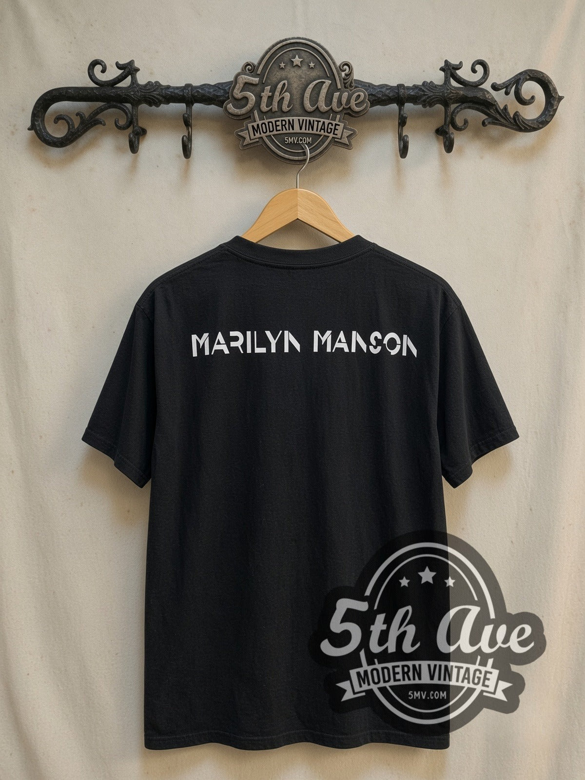 Marilyn Manson Sunglasses Portrait vintage band t-shirt, back view on the 5MV rack