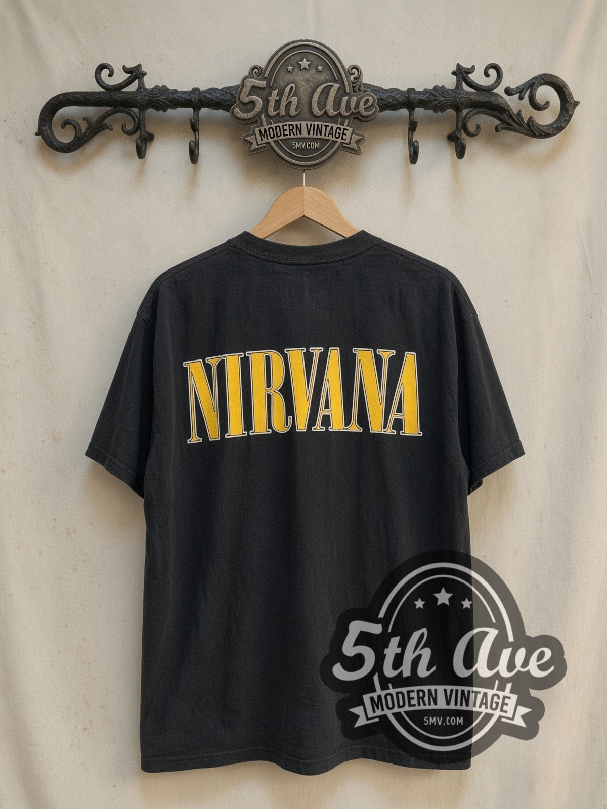 Nirvana All Apologies vintage band t-shirt in black, back view on the 5MV rack