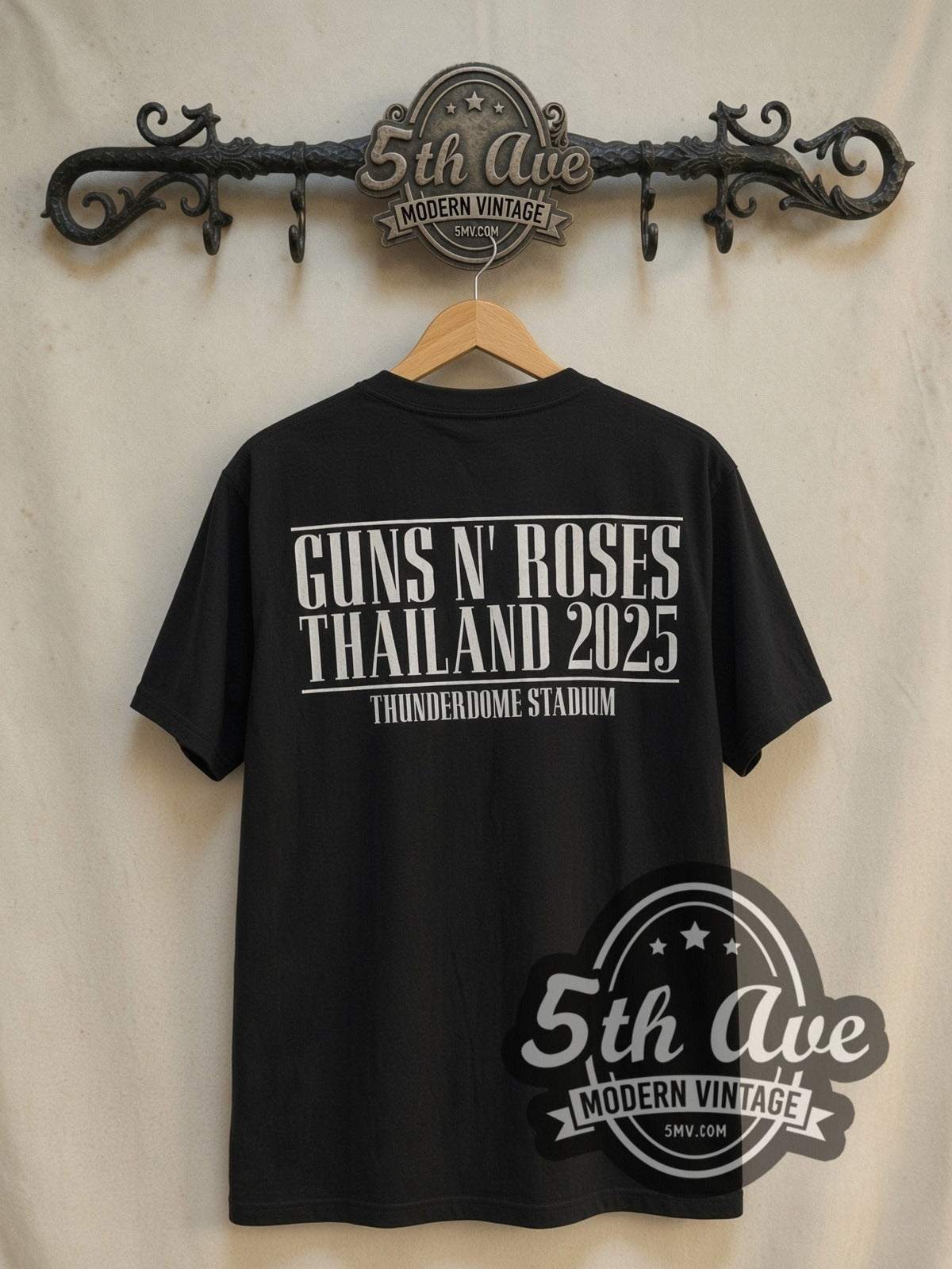 Guns N' Roses World Tour Thailand 2025 vintage band t-shirt, back view on the 5MV rack