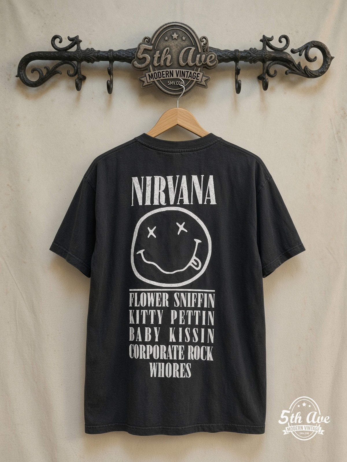 Nirvana – Flower Sniffin Kitty Pettin – All Over Print – Vintage Band T-Shirt — back on locked cream ornate 5th Ave rack