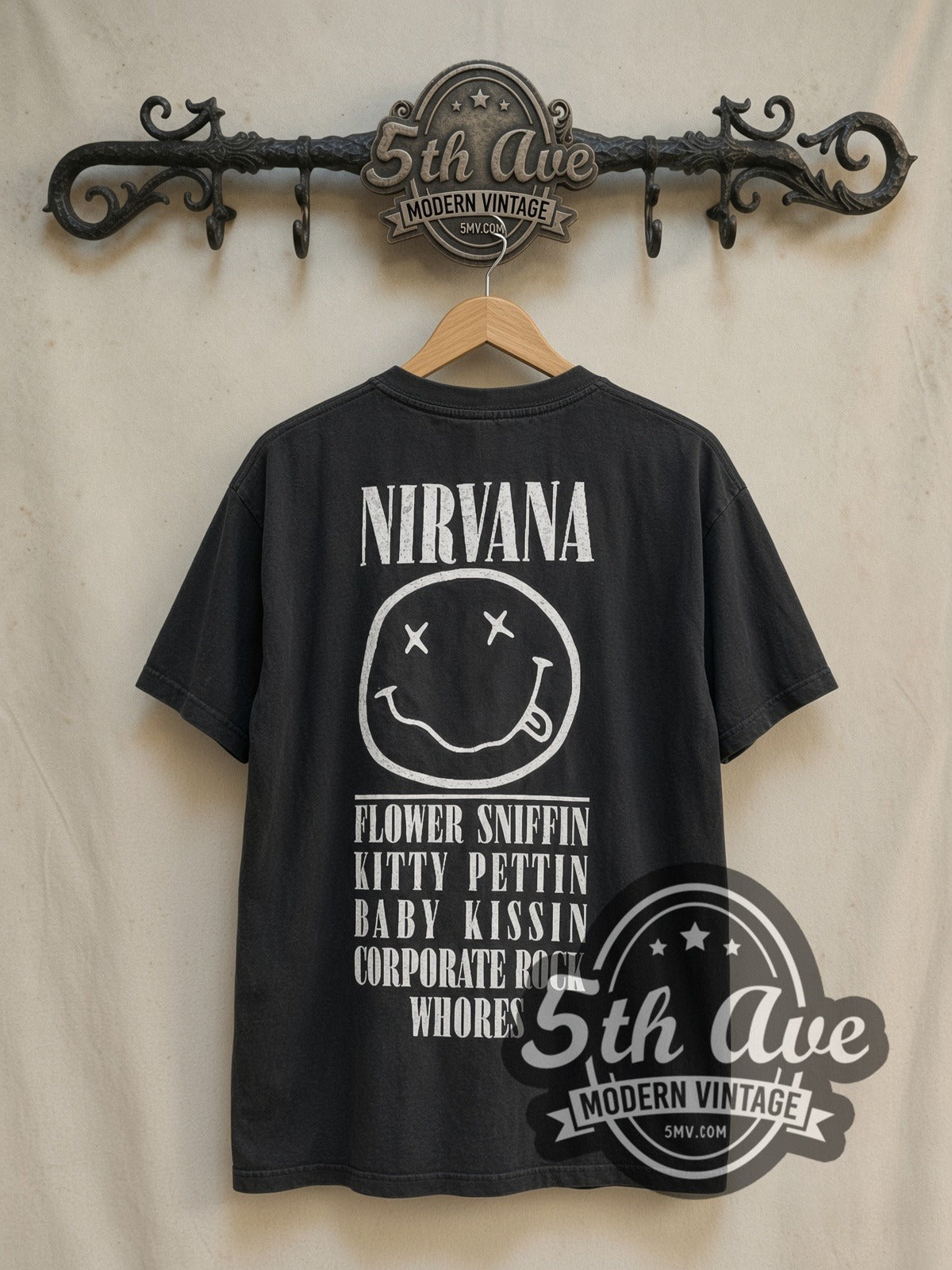 Nirvana Flower Sniffin Kitty Pettin all-over-print vintage band t-shirt in black, back view on the 5MV rack