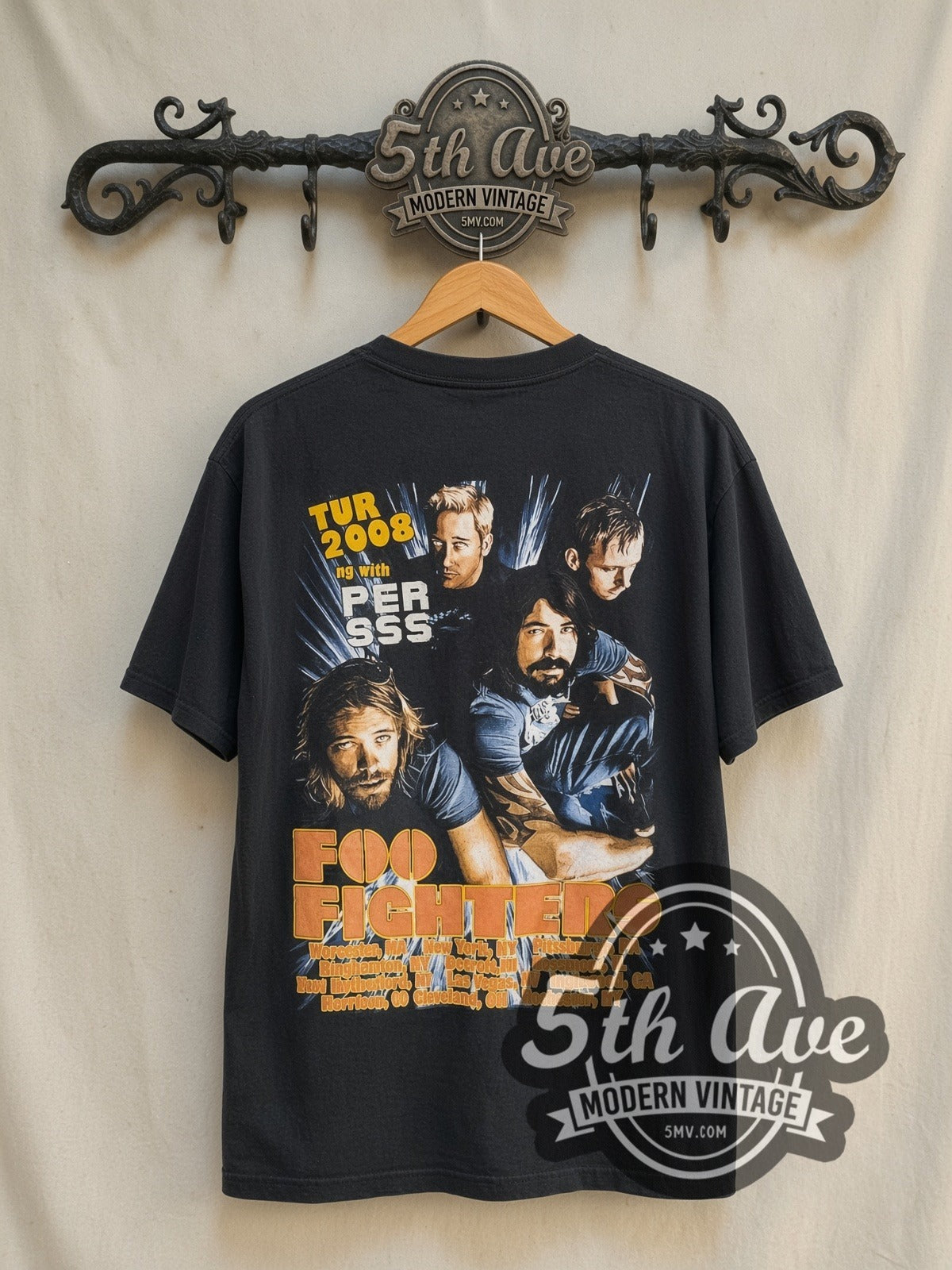 Foo Fighters Tour 2008 vintage band t-shirt in black, back view on a display rack