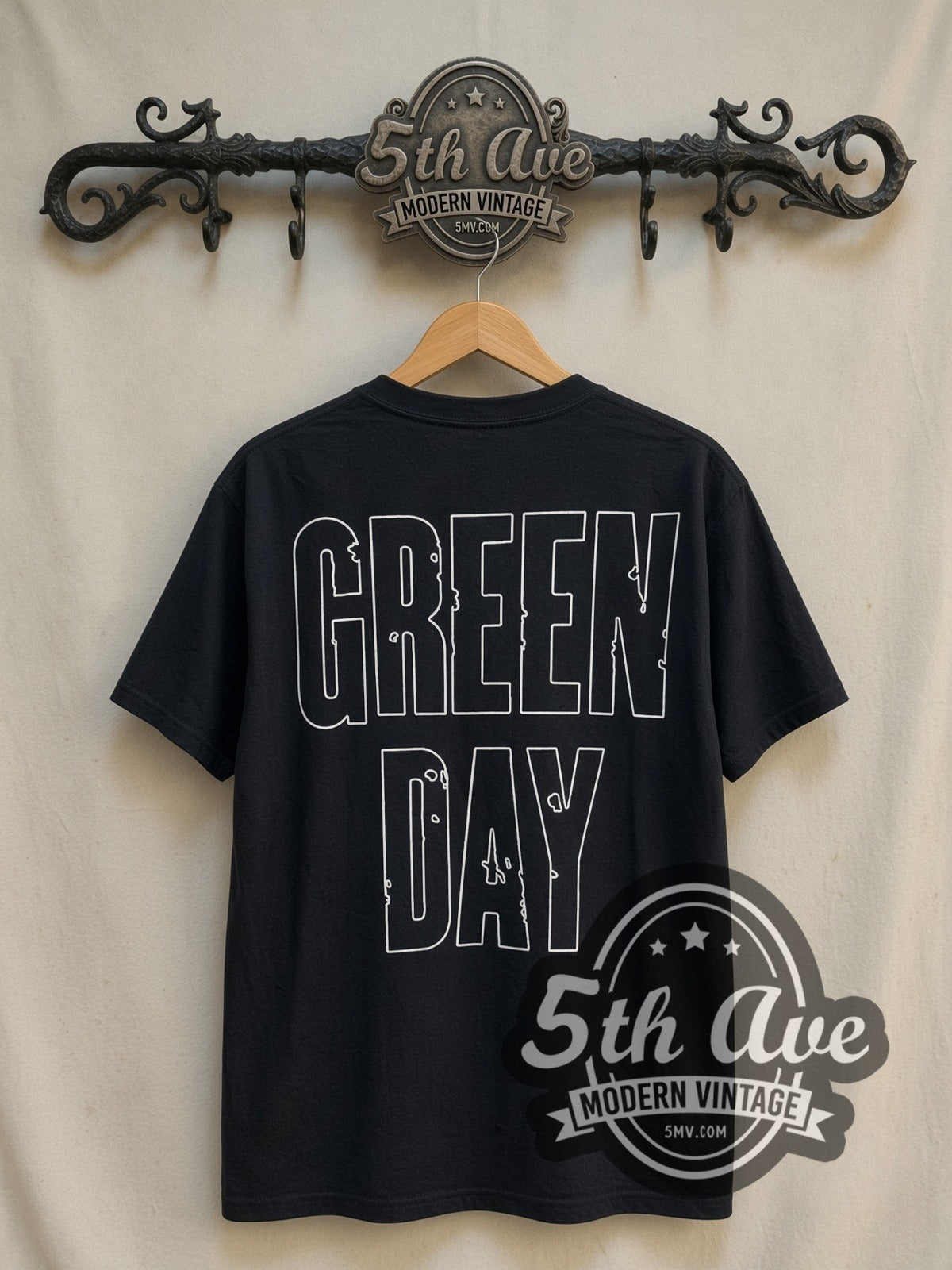 Green Day American Idiot Brick Wall Heart Grenade vintage band t-shirt in black, back view on the 5MV rack