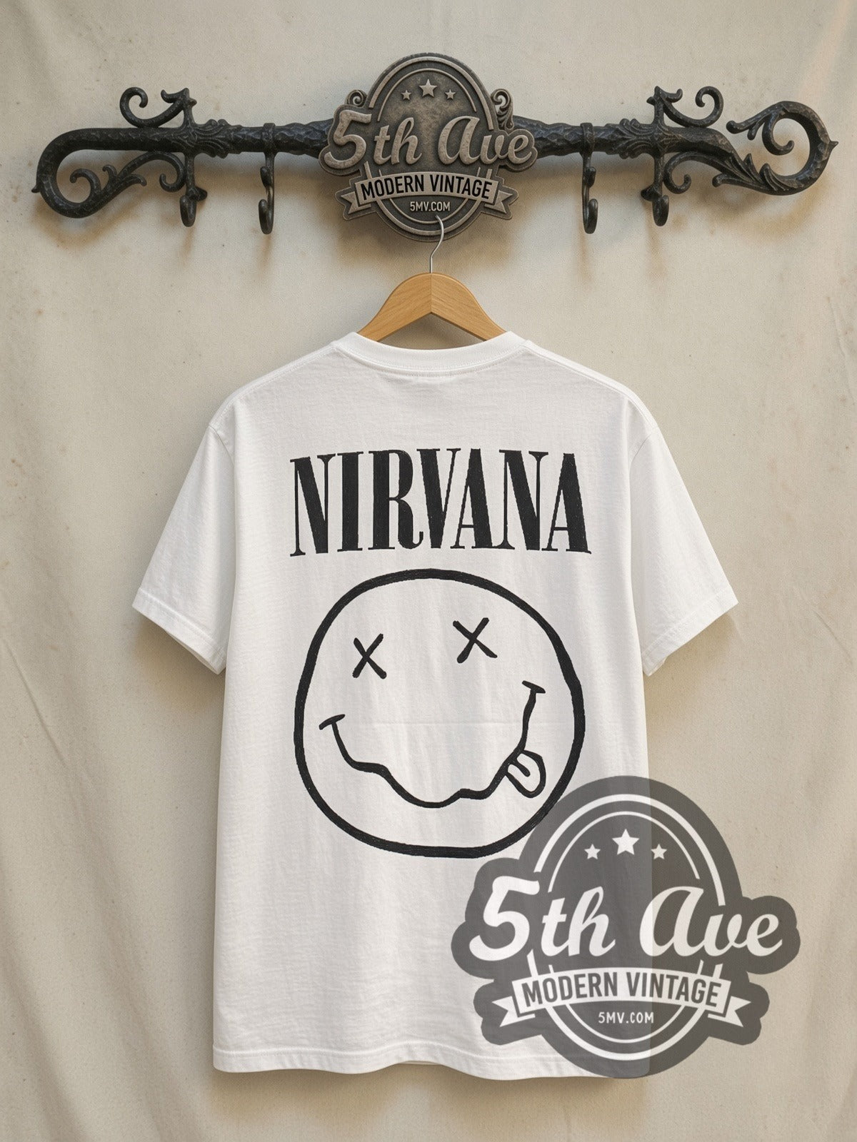 Nirvana Nevermind Smiley vintage band t-shirt in white, back view on the 5MV rack