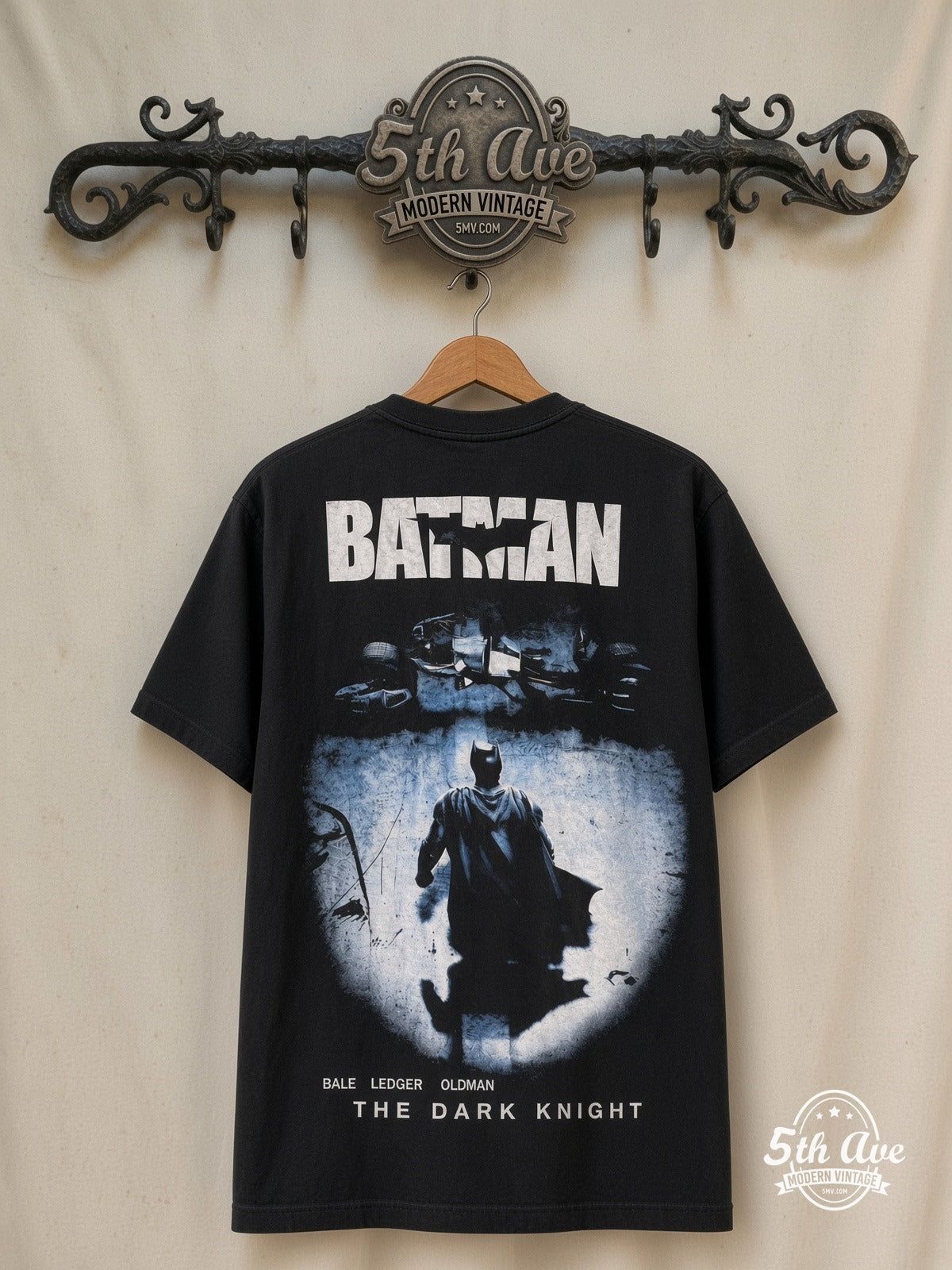 The Dark Knight – Batman / Tumbler – Vintage Movie Tee — back on locked cream ornate 5th Ave rack
