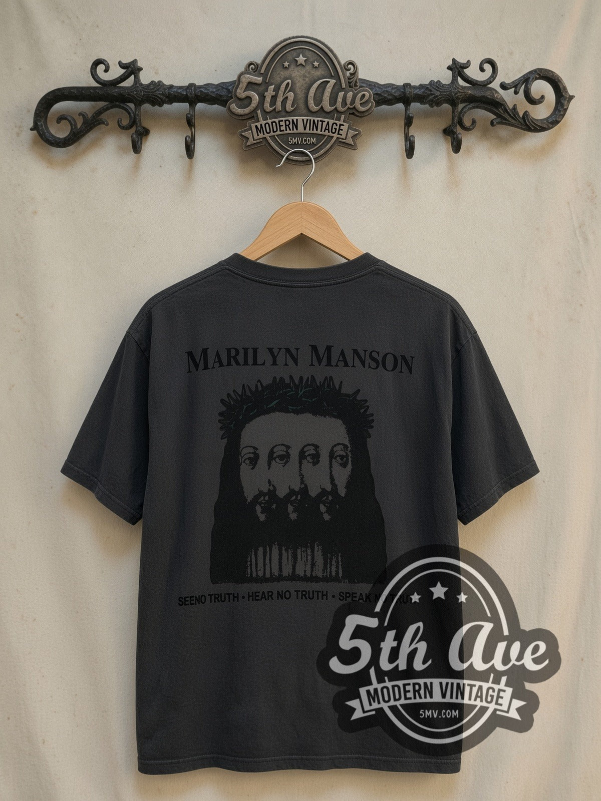 Marilyn Manson Believe vintage band t-shirt in black, back view on the 5MV rack