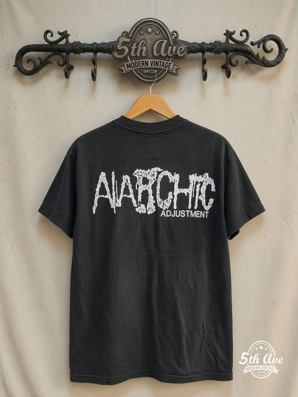 Anarchic Adjustment – Freedom – Vintage Band T-Shirt — back on locked cream ornate 5th Ave rack