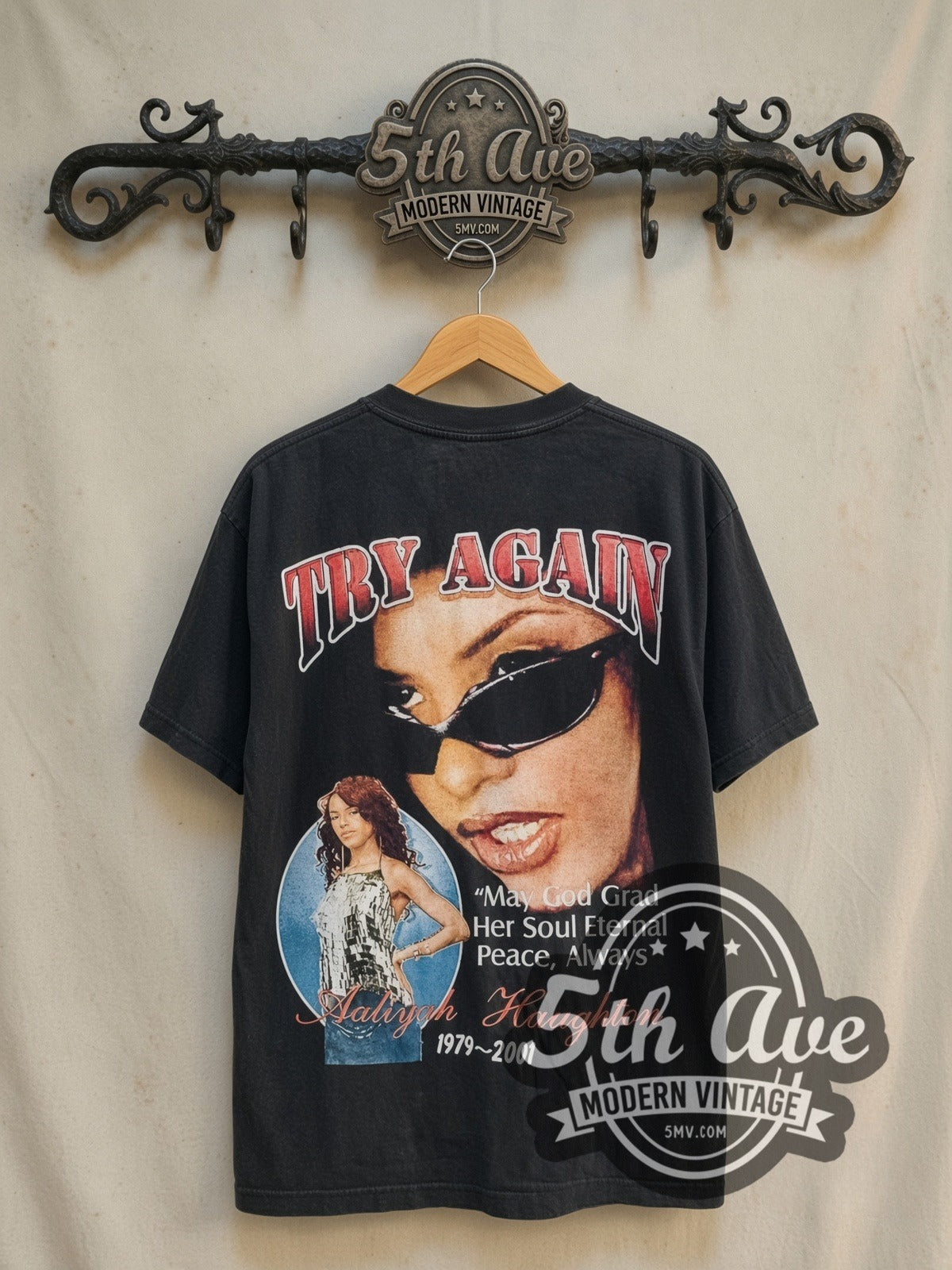 Aaliyah Try Again vintage band t-shirt in black, back view on a display rack