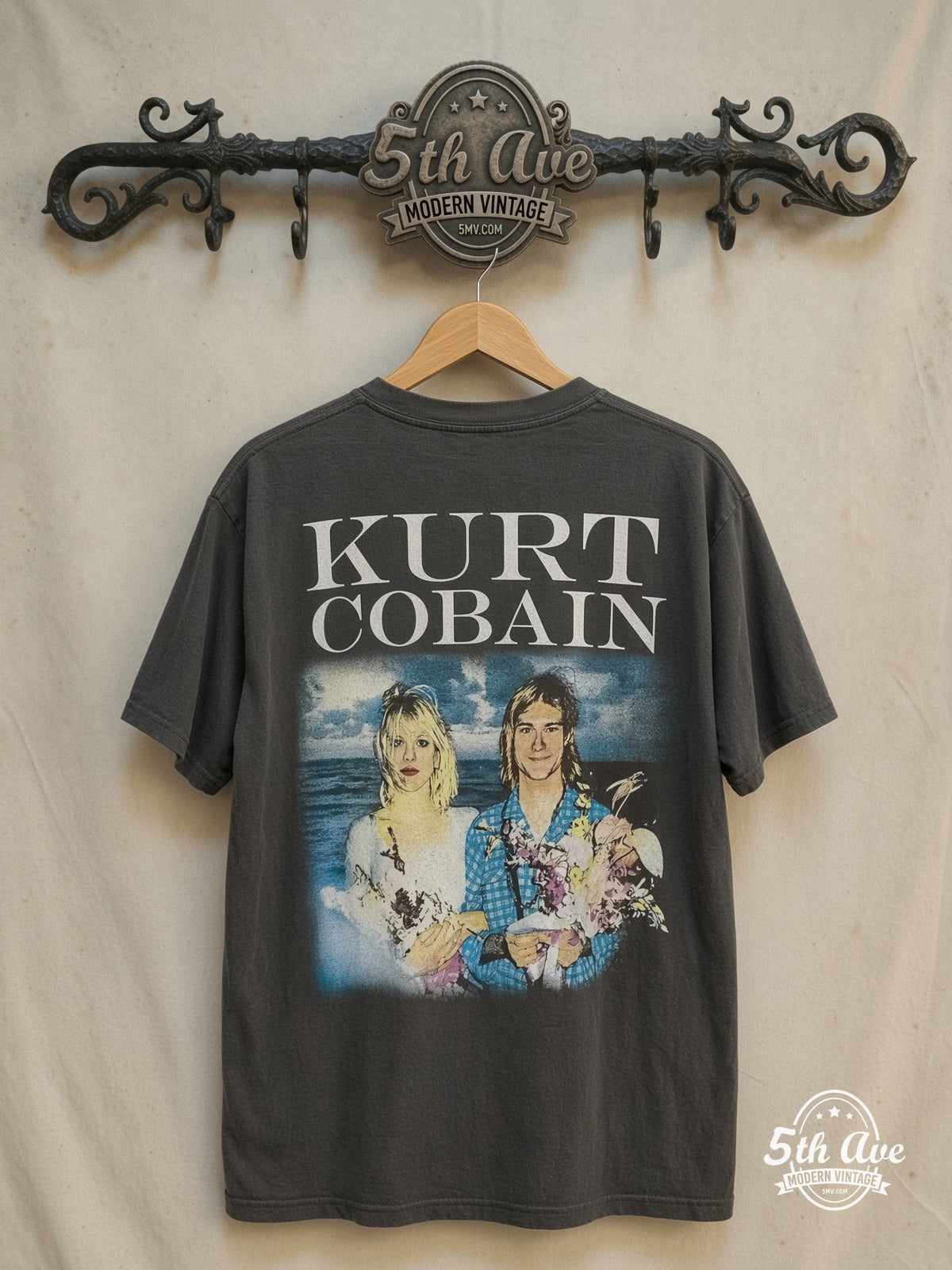 Nirvana – Kurt Cobain Come As You Are Collage Skull – Vintage Band T-Shirt — back on locked cream ornate 5th Ave rack