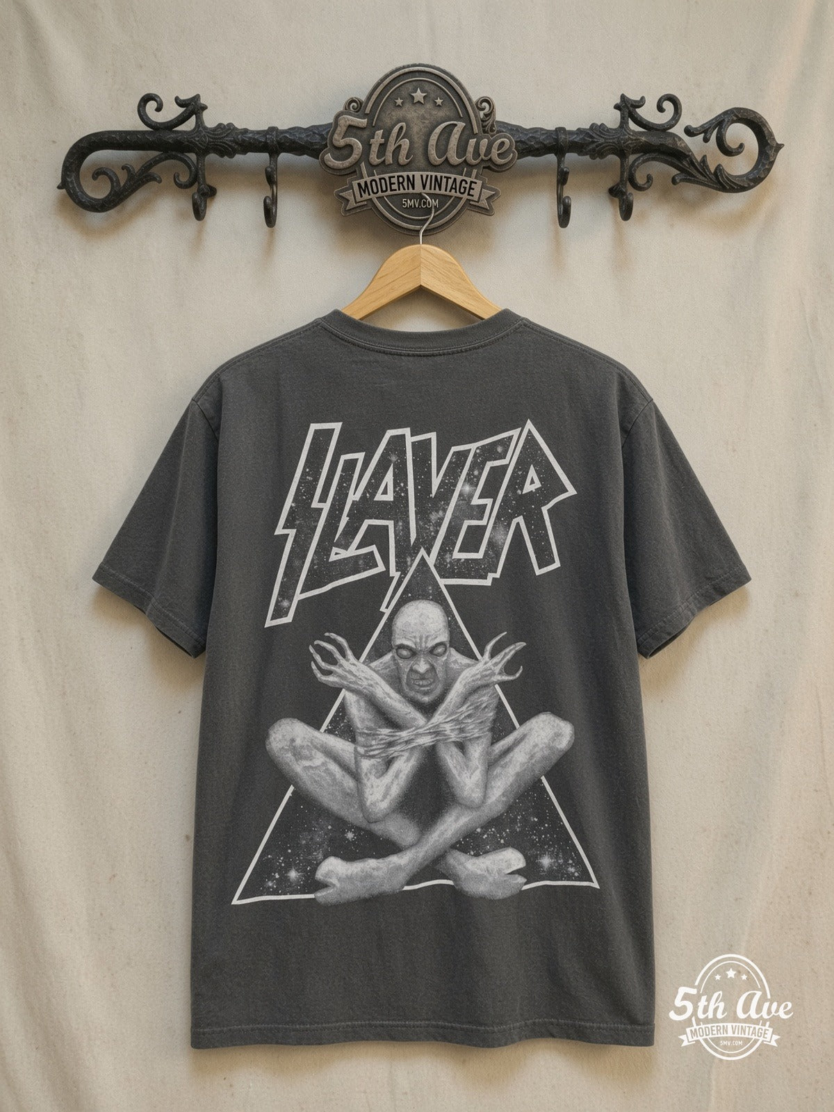 Slayer – Divine Intervention Bound Monster Triangle – Vintage Band T-Shirt — back on locked cream ornate 5th Ave rack