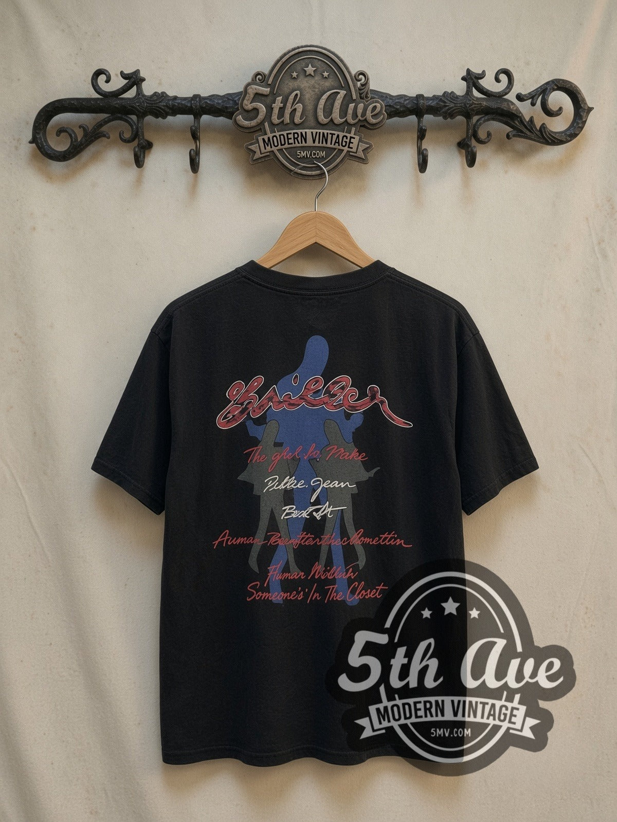 Michael Jackson Thriller Portrait Song List vintage band t-shirt, back view on the 5MV rack