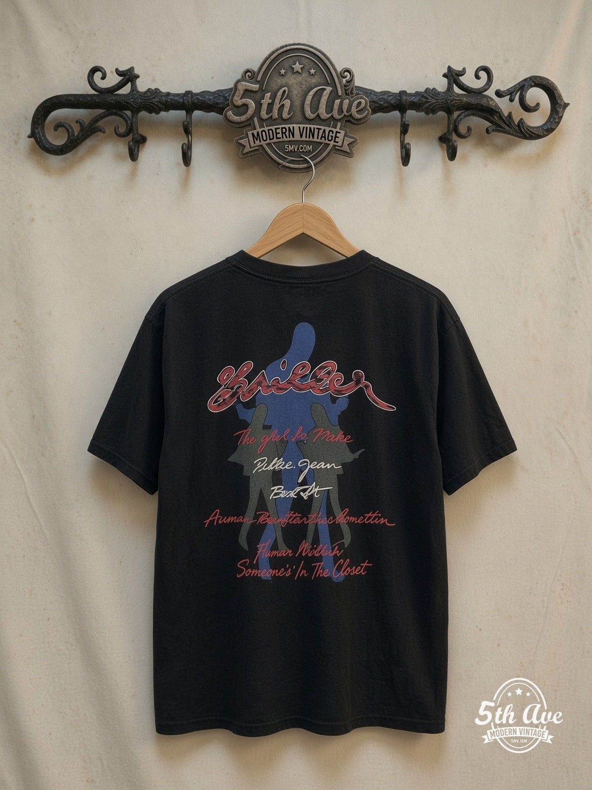 Michael Jackson – Thriller Portrait Song List – Vintage Band T-Shirt — back on locked cream ornate 5th Ave rack