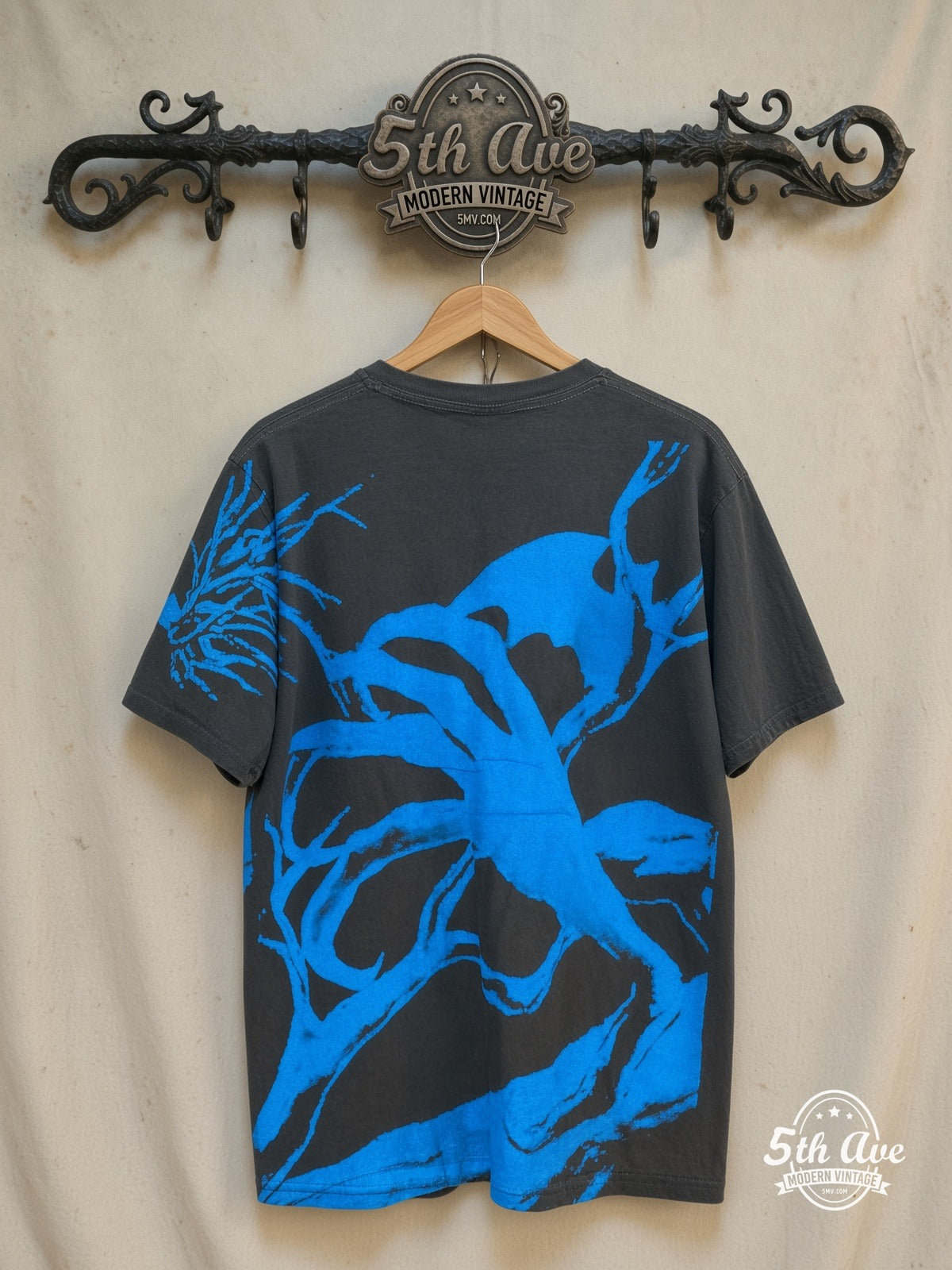 Iron Maiden – Fear of the Dark Eddie Portrait Moon All Over Print – Vintage Band T-Shirt — back on locked cream ornate 5th Ave rack