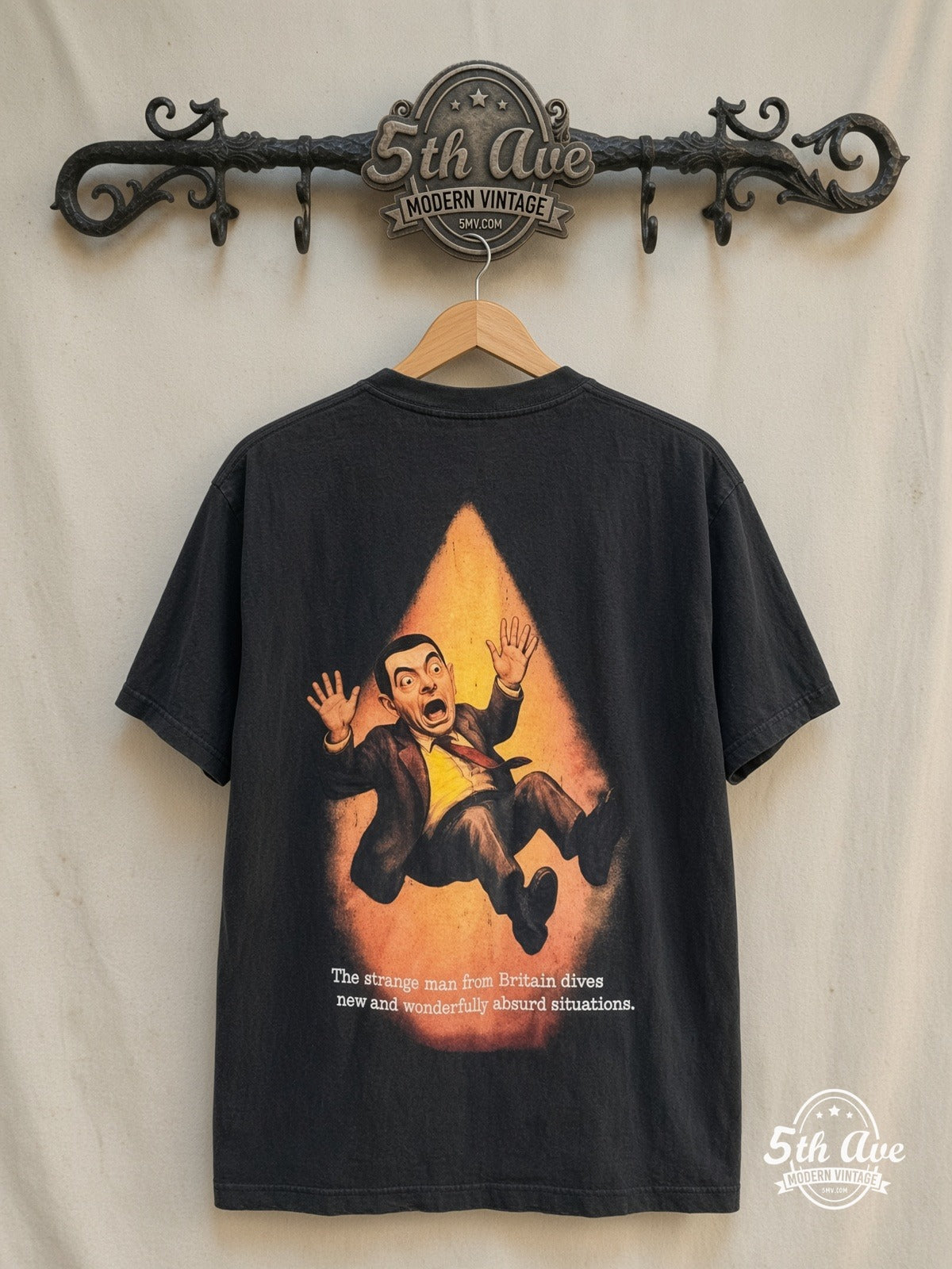 Mr. Bean – On the Green Car – Vintage Movie Tee — back on locked cream ornate 5th Ave rack