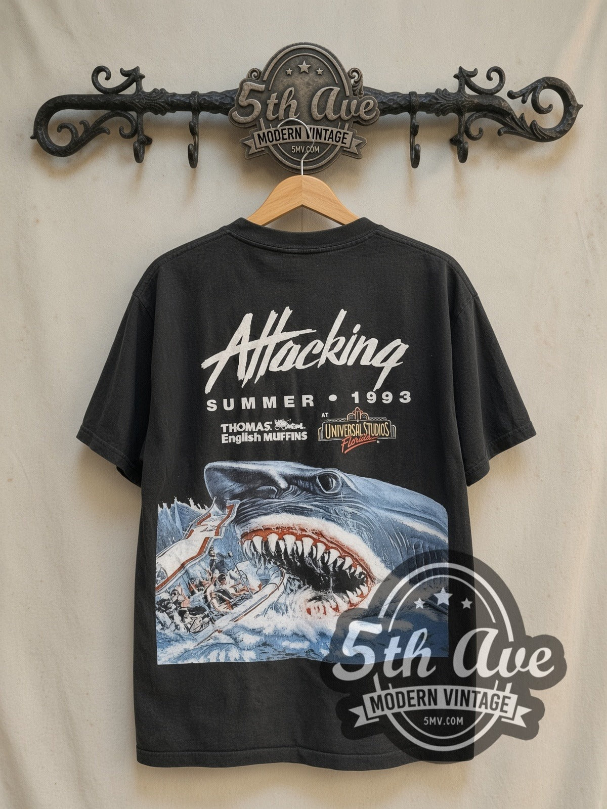 Jaws Attacking Summer 1993 vintage movie t-shirt, back view on a display rack