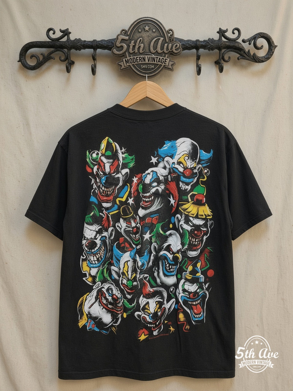 Laughing Clown – Retro Clown – Vintage Graphic Tee — back on locked cream ornate 5th Ave rack