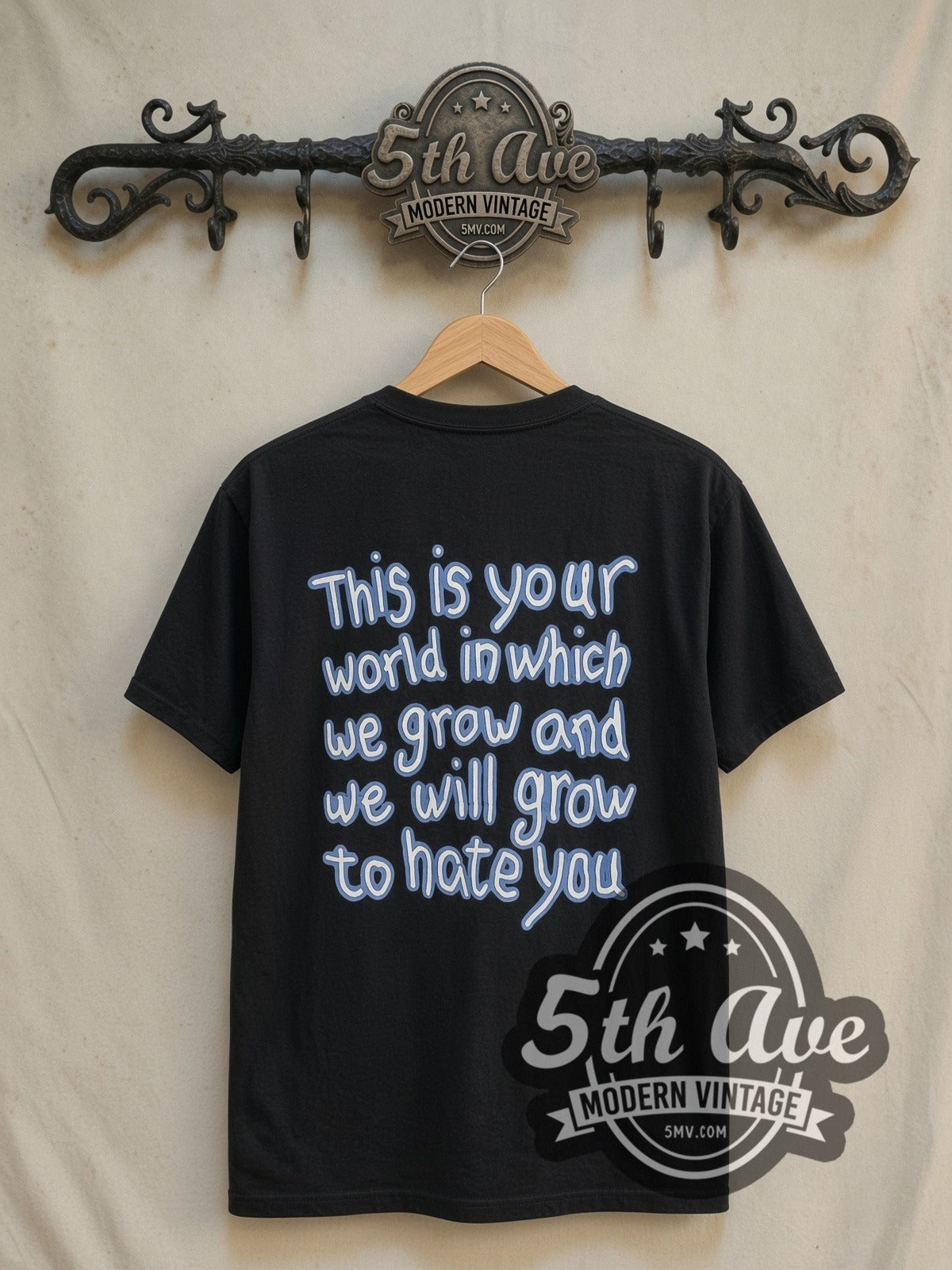 Marilyn Manson Rock N Roll Nigger Lyrics vintage band t-shirt in black, back view on the 5MV rack