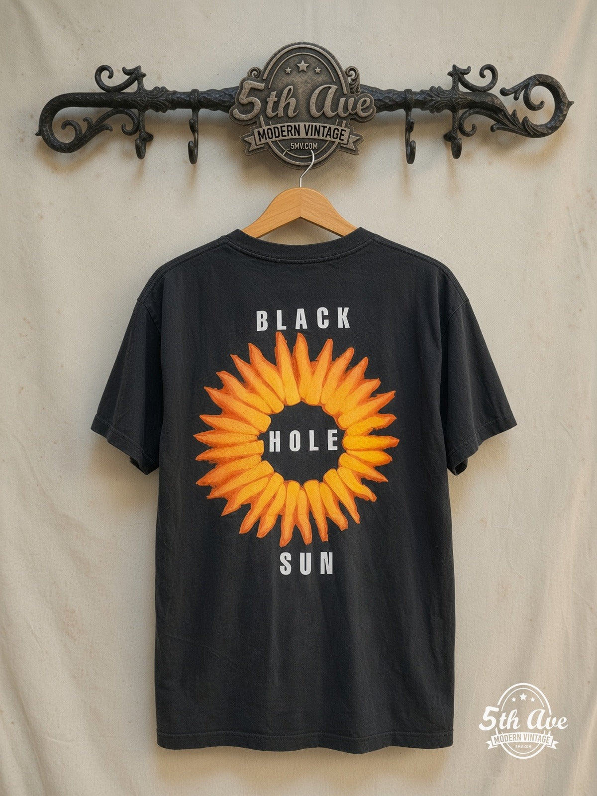 Soundgarden – Black Hole Sun – Vintage Band T-Shirt — back on locked cream ornate 5th Ave rack
