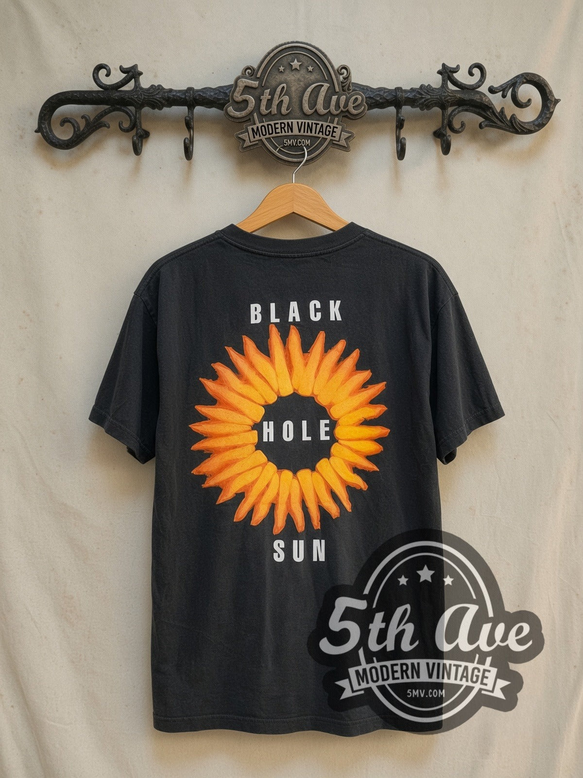 Soundgarden Black Hole Sun vintage band t-shirt in black, back view on a display rack