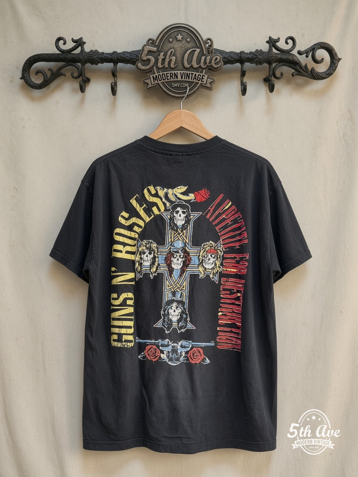 Guns N' Roses – Appetite Skeleton Band Cross – Vintage Band T-Shirt — back on locked cream ornate 5th Ave rack