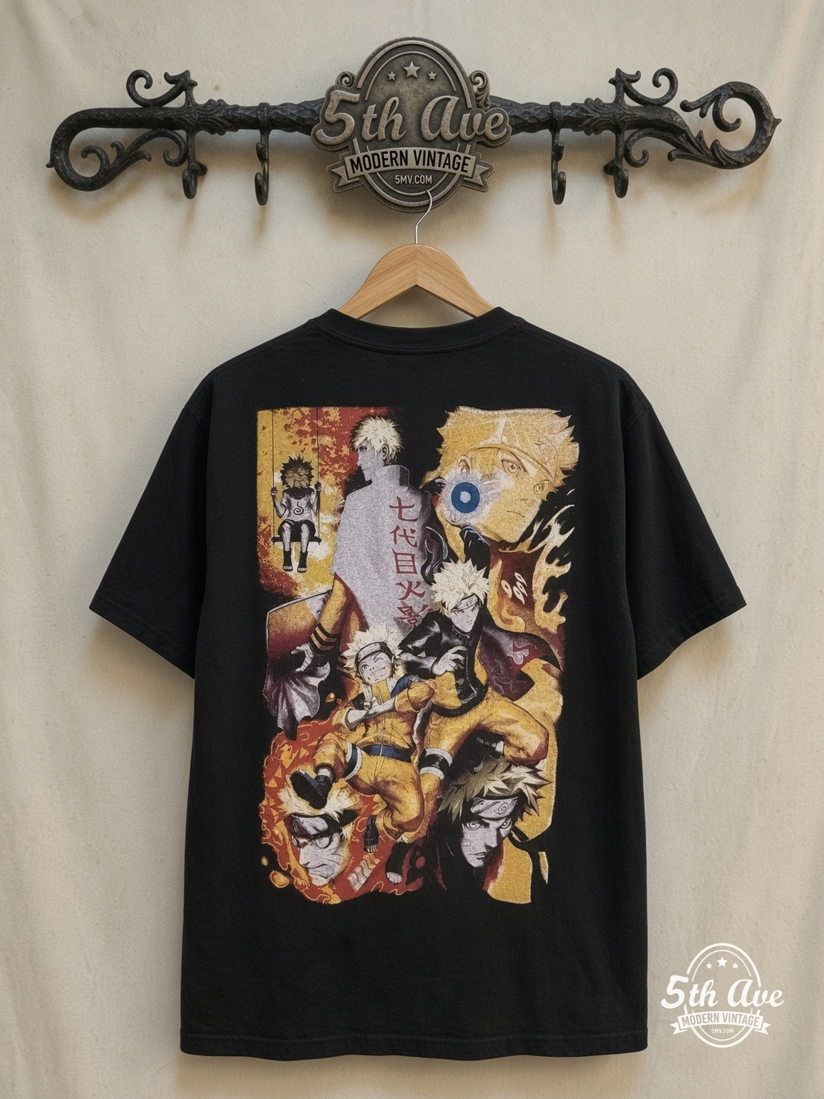 Naruto Shippuden - AOP all over print New Vintage Anime T-Shirt – New Vintage Anime Tee — back on locked cream ornate 5th Ave rack