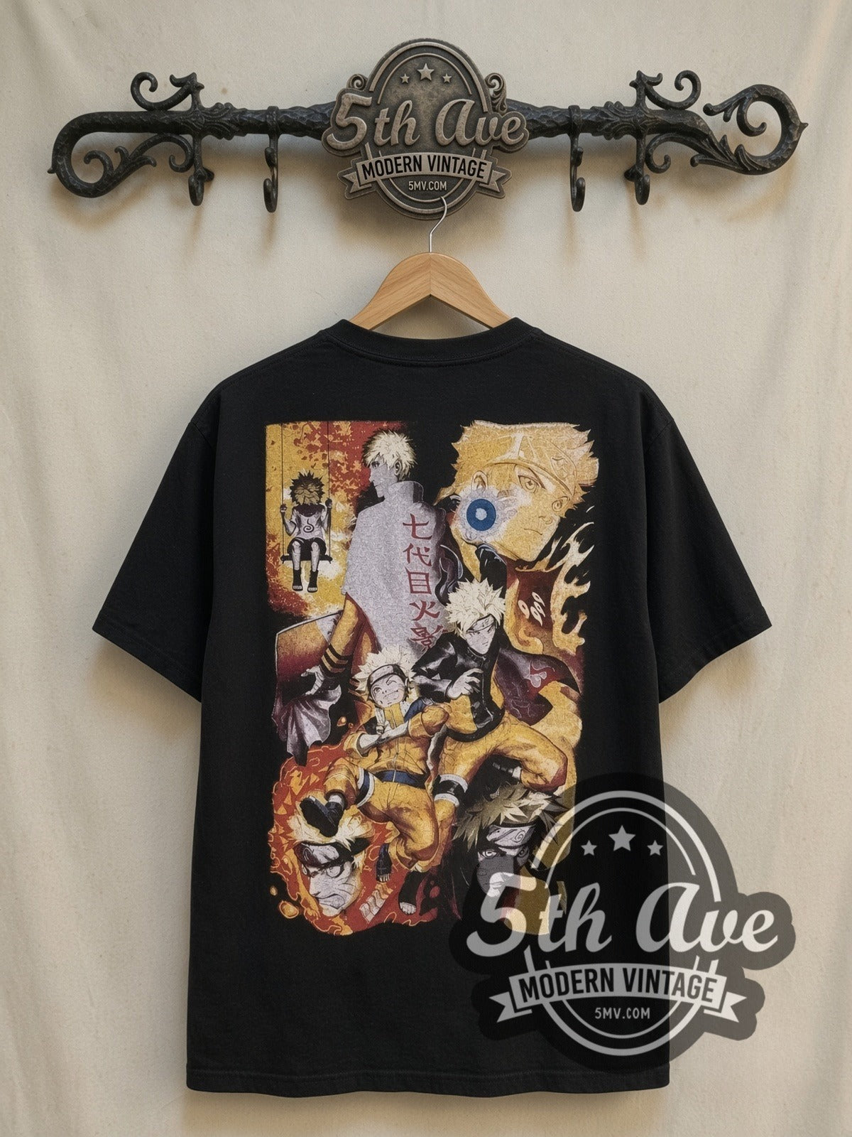 Naruto Shippuden all-over-print vintage graphic t-shirt, back view on a display rack