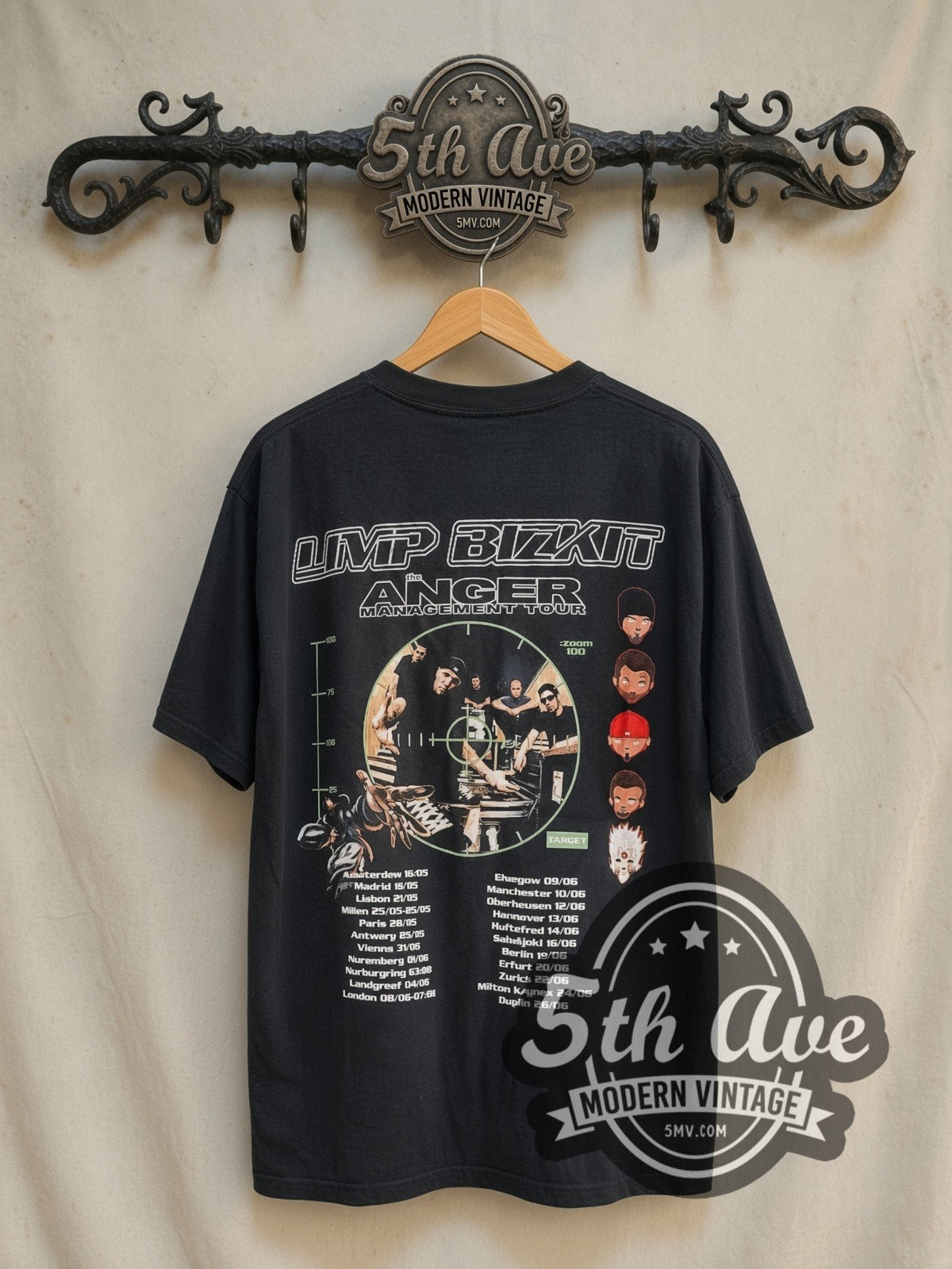 Limp Bizkit Anger Management Hot Dogs Europe Dates vintage band t-shirt in black, back view on a display rack
