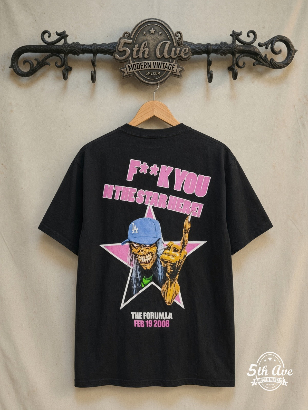 Iron Maiden – Los Angeles' The Forum 2008 – Vintage Band T-Shirt — back on locked cream ornate 5th Ave rack