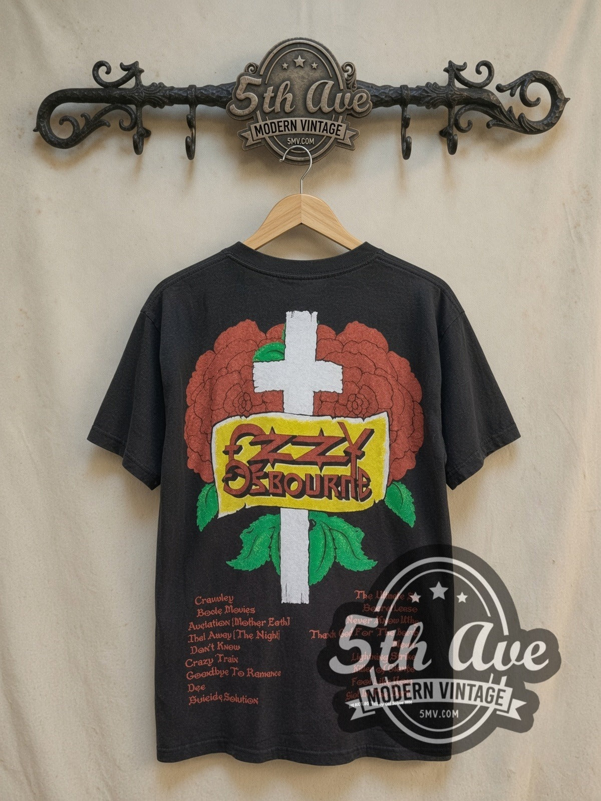 Ozzy Osbourne vintage band t-shirt, back view on a display rack